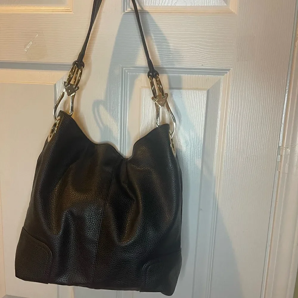 Dasein synthetic leather Black hobo shoulder bag with Bold gold tone hardwares